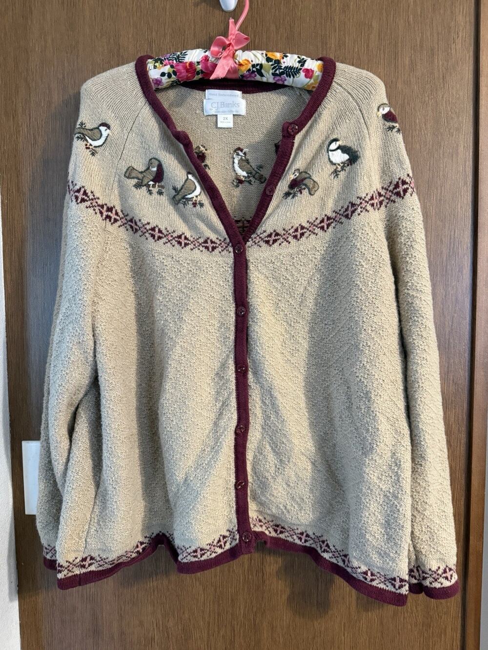VTG Christopher & Banks Cardigan Sweater Sz 2x 2003 Embroidered Bird wool blend